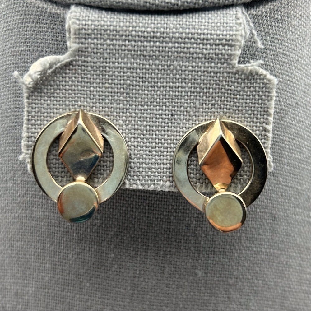 Vintage Silver Tone Abstract Atomic Diamond Round 3D Chunky Screw Back Earrings